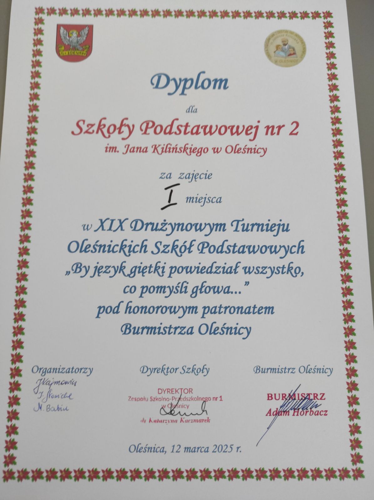 Dyplom zwycięskiej drużyny
